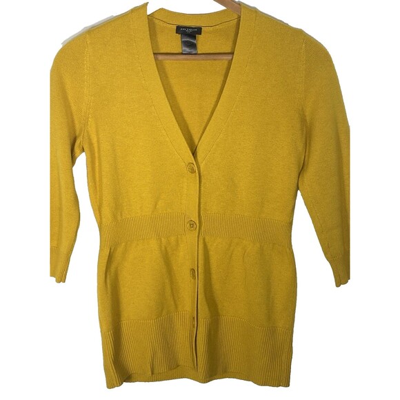 ANN TAYLOR Sweater Cardigan Button Front V-Neck 3/4 Sleeve Womens XS Yellow - Picture 1 of 9